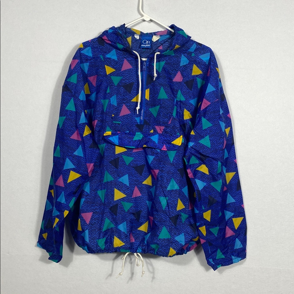 Vintage OP Raincoat with Blue and Yellow Geometric Pattern size Medium